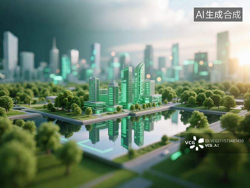 【AI数字艺术】科幻风格的绿色未来城市景观图片素材