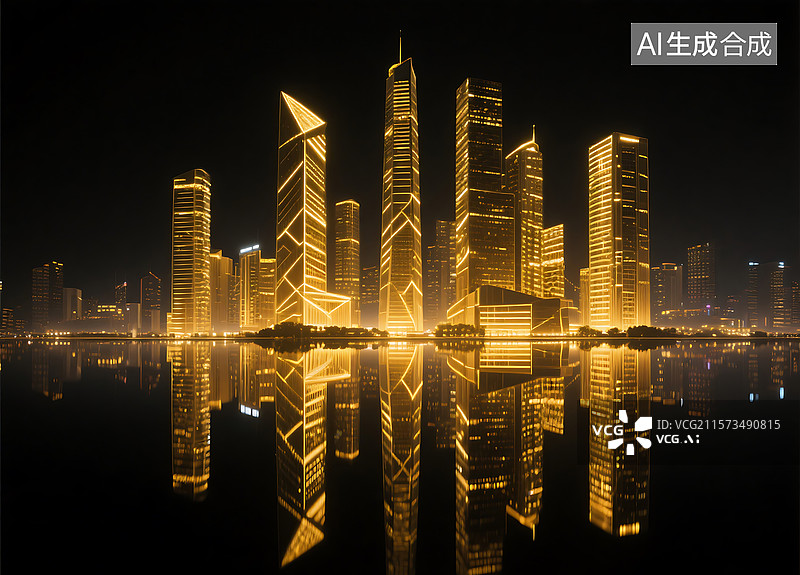 【AI数字艺术】黑夜金色建筑背景图片素材