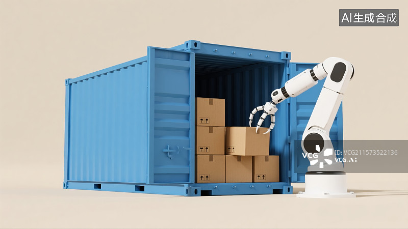 【AI数字艺术】自动化机械臂往集装箱车上搬运货物图片素材