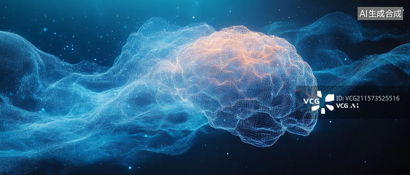 【AI数字艺术】漂浮在蓝色星云中的发光大脑图片素材