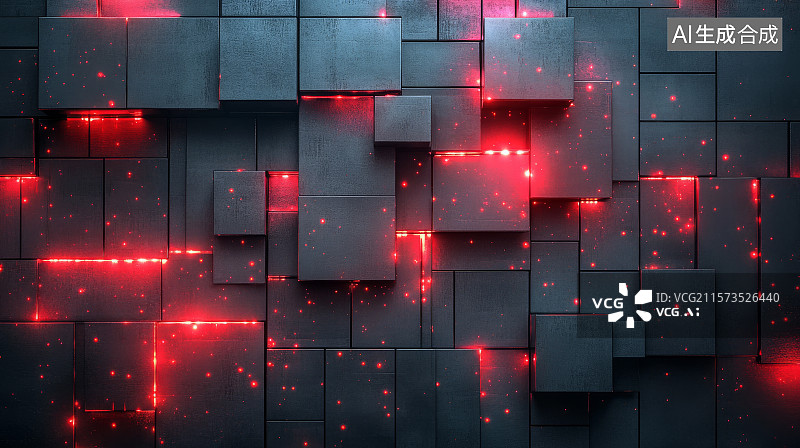【AI数字艺术】红色发光的立方体墙图片素材