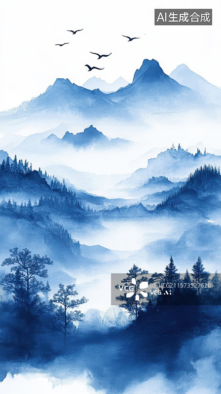 【AI数字艺术】蓝墨山水，云雾缭绕图片素材