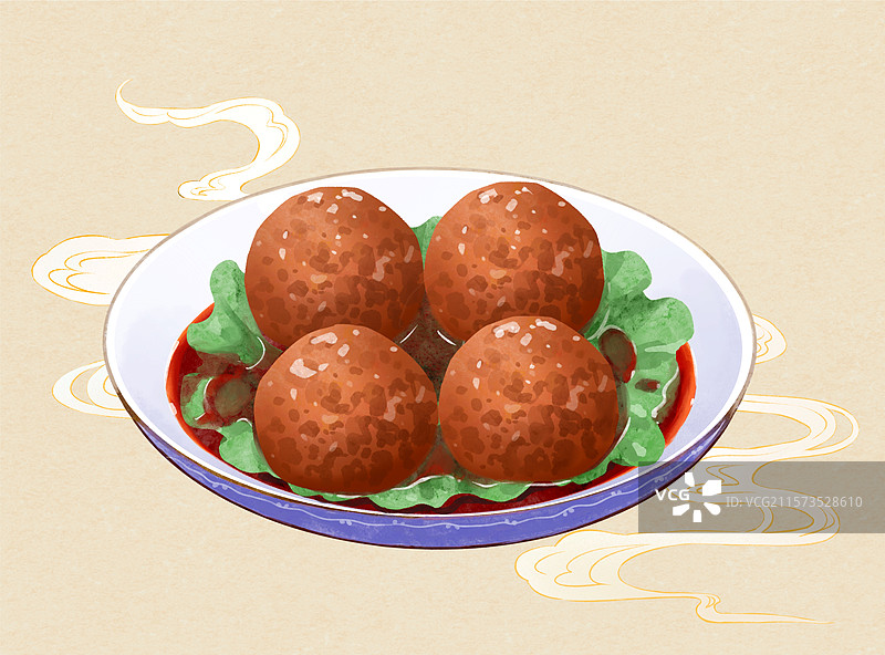 四喜丸子鲁菜特色美食手绘风格插画图片素材