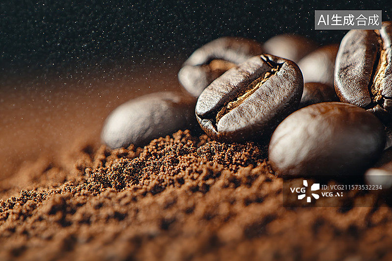 【AI数字艺术】咖啡粉背景下的许多咖啡豆特写图片素材