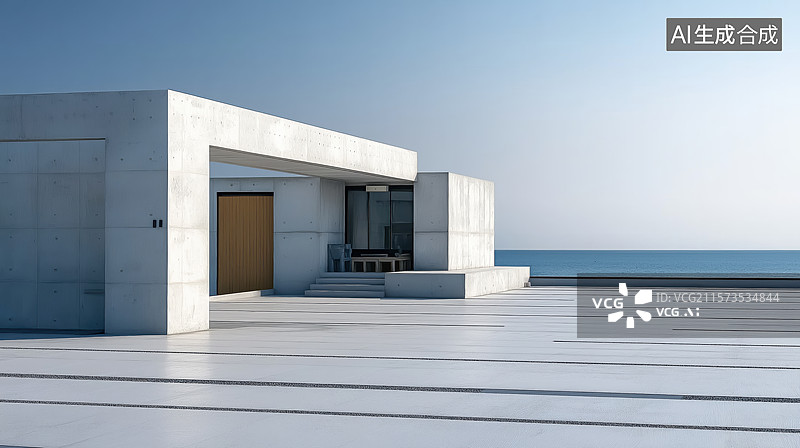 【AI数字艺术】现代建筑露台与湖景图片素材