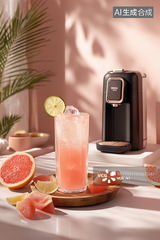 【AI数字艺术】粉色饮品与葡萄柚片图片素材