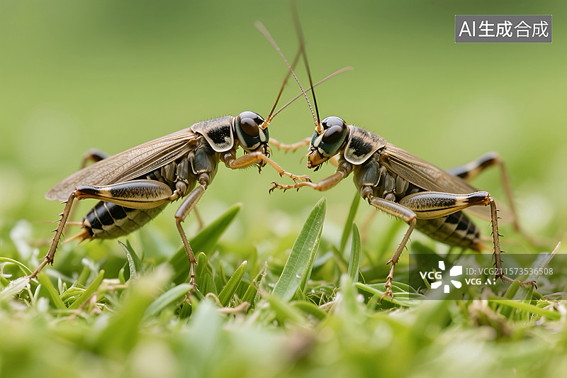 【AI数字艺术】草地上对峙的两只蟋蟀图片素材