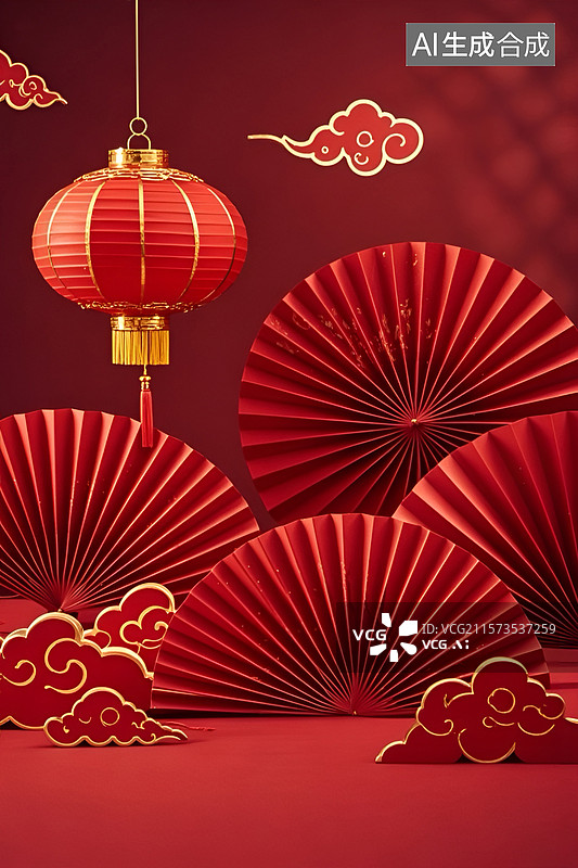 【AI数字艺术】中国风折扇祥云红灯笼展台图片素材