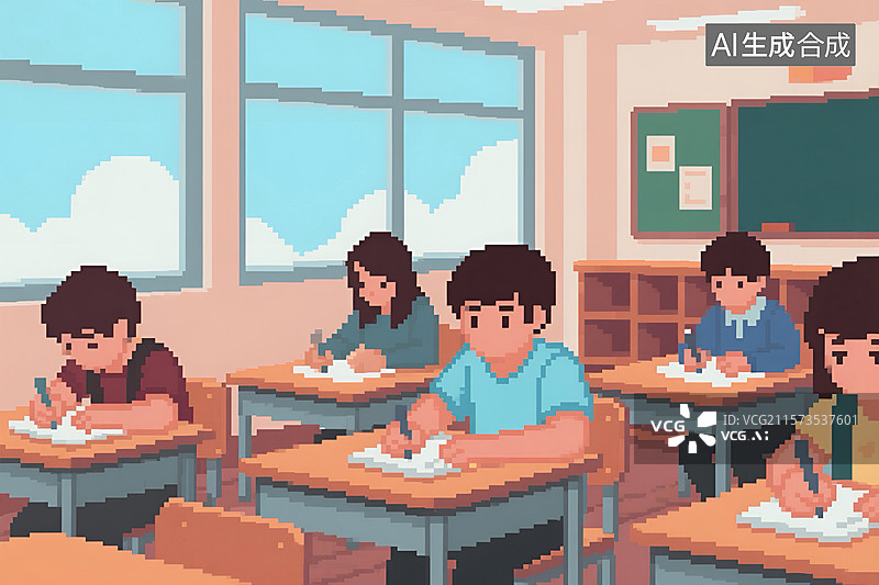 【AI数字艺术】像素风教室里学生们考试的场景图片素材