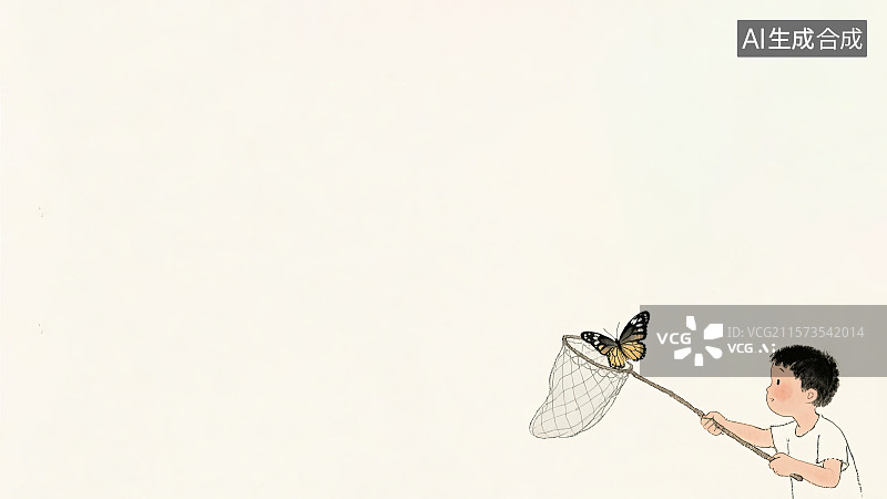 【AI数字艺术】装饰边框背景，男孩拿着网兜扑蝴蝶，水墨画背景右下图片素材
