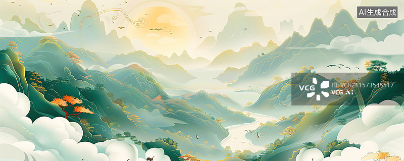【AI数字艺术】AI生成的创意中国风山水插画图片素材