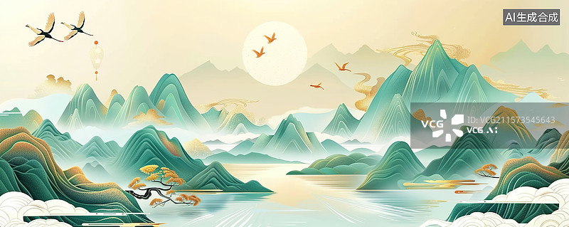 【AI数字艺术】AI生成的创意中国风山水插画图片素材