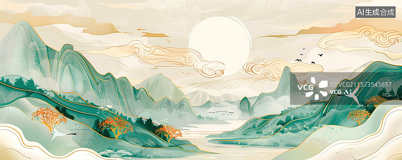 【AI数字艺术】AI生成的创意中国风山水插画图片素材