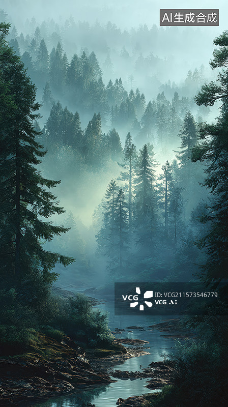 【AI数字艺术】雾霭森林中的宁静溪流图片素材