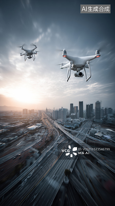 【AI数字艺术】城市上空飞行的无人机图片素材