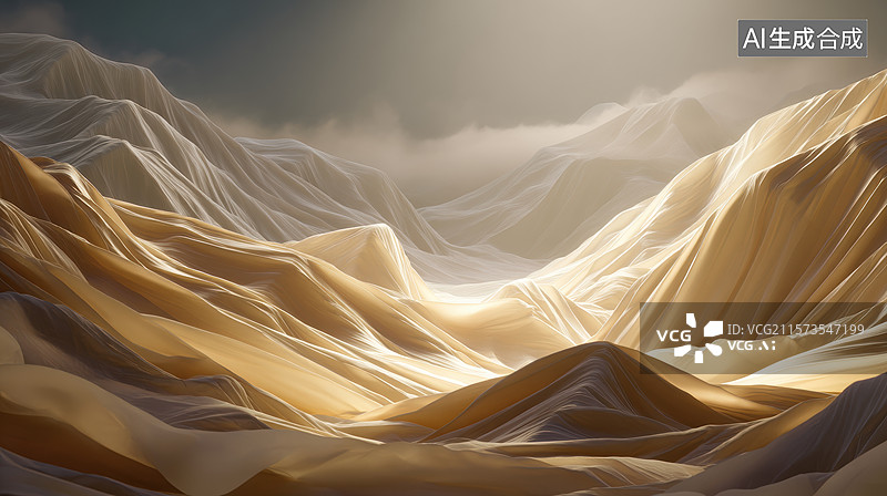 【AI数字艺术】流动的金色布幔覆盖山峦图片素材