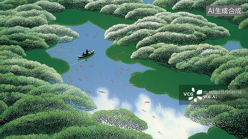 【AI数字艺术】宁静的河畔渔舟图片素材