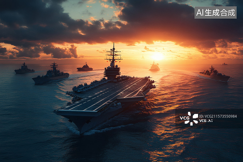 【AI数字艺术】夕阳下，执行远洋任务的航空母舰群图片素材