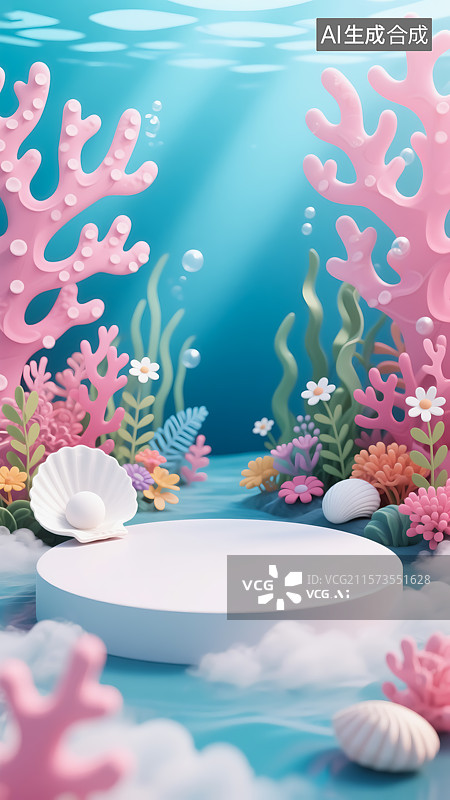 【AI数字艺术】海底珊瑚贝壳展台三维插画图片素材