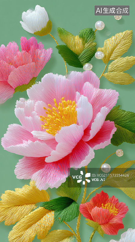 【AI数字艺术】中国风刺绣牡丹和珍珠装饰图片素材