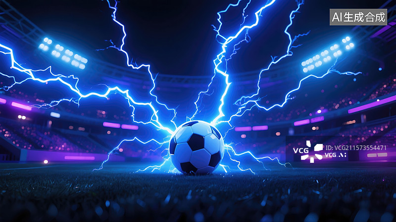 【AI数字艺术】赛博朋克足球场霓虹蓝色闪电电力十足点球3D插画体育奥运会夏季运动会创意抽象商业背景未来主义夜间体育场图片素材