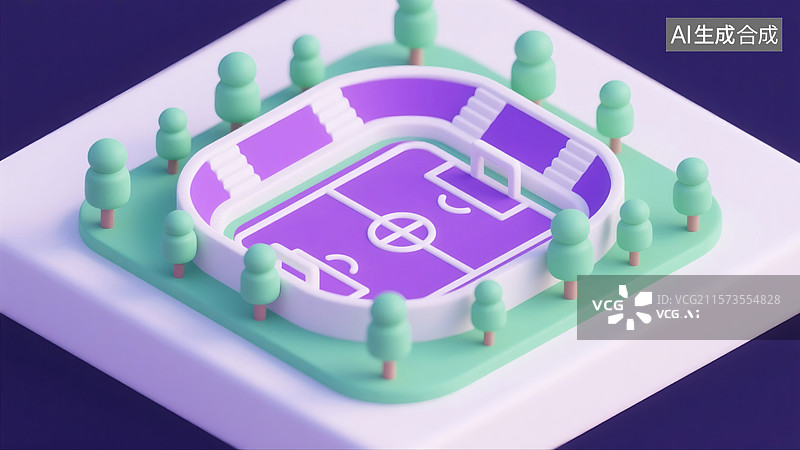 【AI数字艺术】可爱卡通3D足球场等距插画展现球门足球和植物极简UI设计适用于体育教育、书籍封面和数字背景图片素材