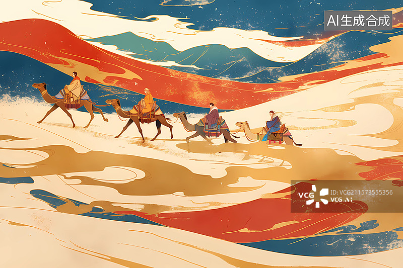 【AI数字艺术】敦煌，丝绸之路沙漠骆驼，商队插画图片素材
