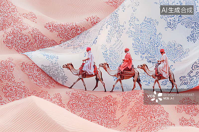 【AI数字艺术】敦煌，丝绸之路沙漠骆驼，商队插画图片素材