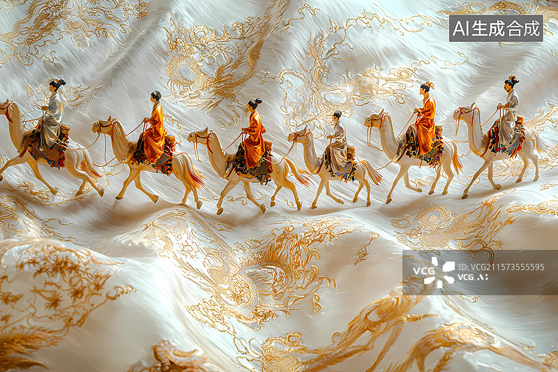 【AI数字艺术】敦煌，丝绸之路沙漠骆驼，商队插画图片素材