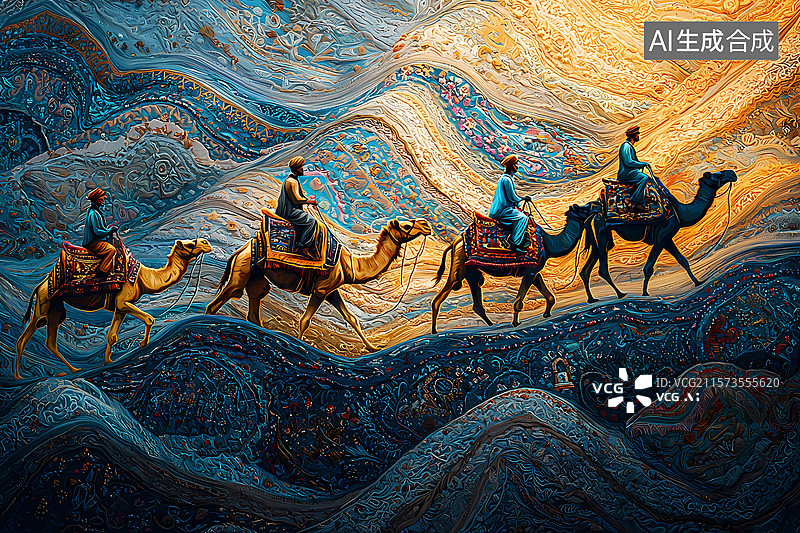 【AI数字艺术】敦煌，丝绸之路沙漠骆驼，商队插画图片素材