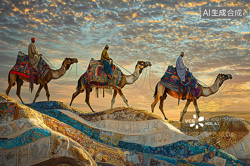【AI数字艺术】敦煌，丝绸之路沙漠骆驼，商队插画图片素材