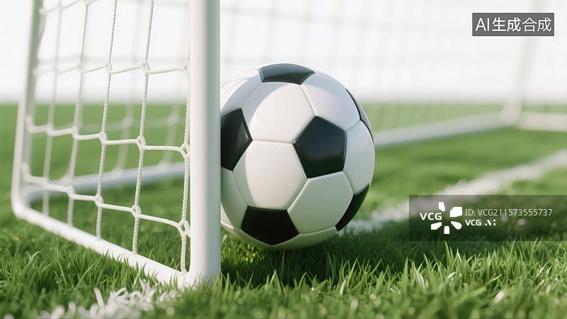 【AI数字艺术】极简3D足球进球瞬间门柱旁等距插画展现小草地上球入网体育应用、教育图表和商业图片素材