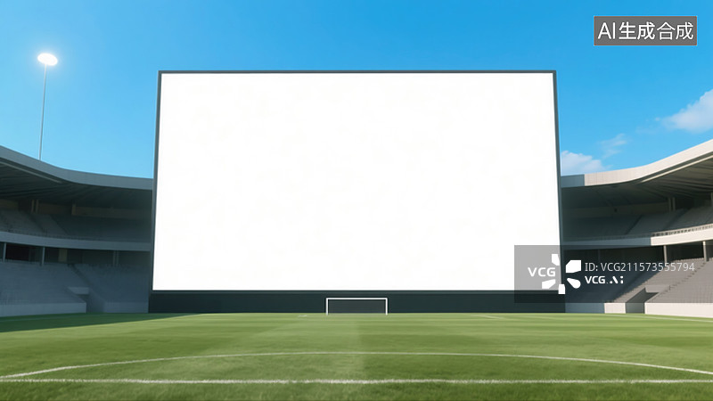 【AI数字艺术】动感3D足球场景配空白数字广告牌蓝天白日下的绿茵场地未来派体育场馆插画赛事和体育科技图片素材