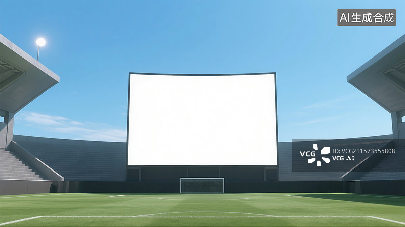 【AI数字艺术】动感3D足球场景配空白数字广告牌蓝天白日下的绿茵场地未来派体育场馆插画赛事和体育科技图片素材