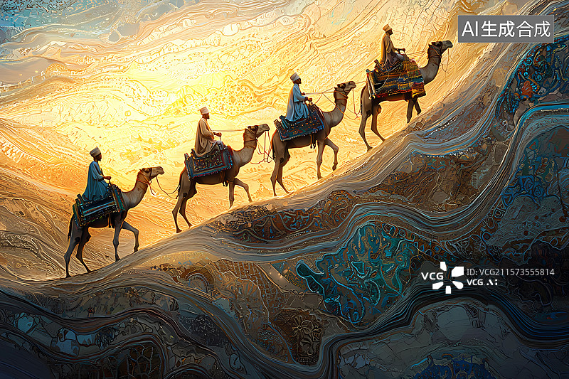 【AI数字艺术】敦煌，丝绸之路沙漠骆驼，商队插画图片素材