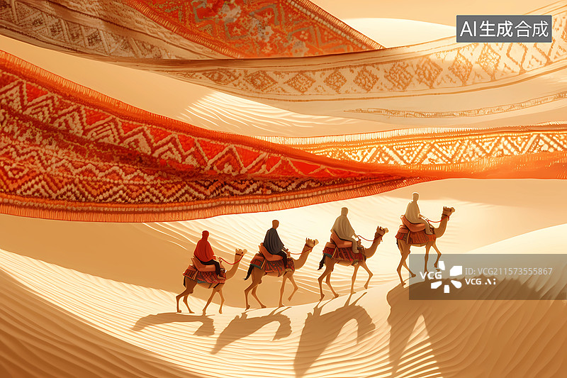 【AI数字艺术】敦煌，丝绸之路沙漠骆驼，商队插画图片素材