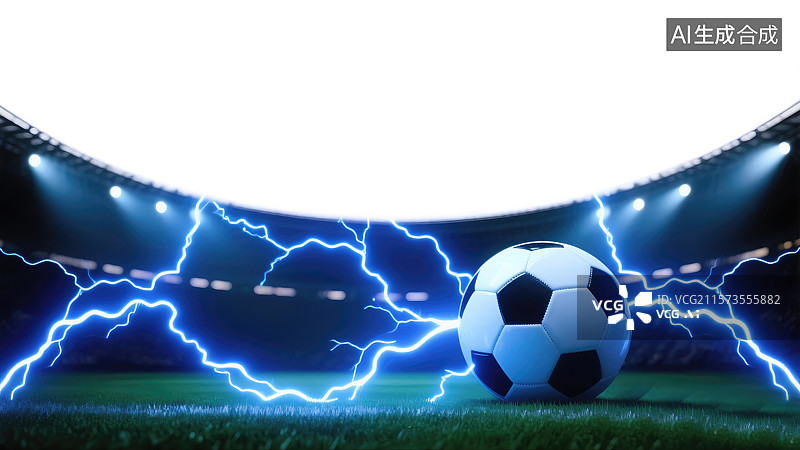 【AI数字艺术】赛博朋克足球场霓虹蓝色闪电电力十足点球3D插画体育奥运会夏季运动会创意抽象商业背景未来主义夜间体育场图片素材