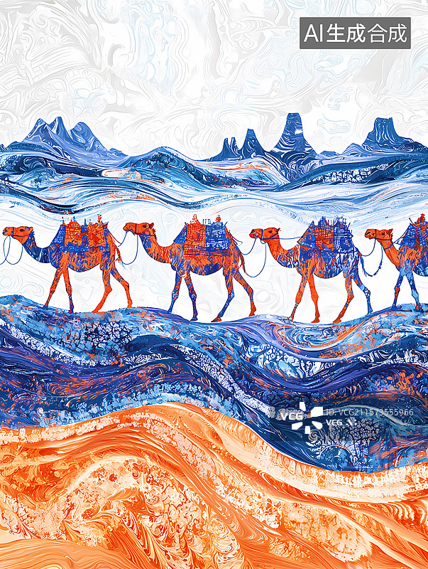 【AI数字艺术】敦煌，丝绸之路沙漠骆驼，商队插画图片素材