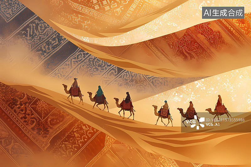 【AI数字艺术】敦煌，丝绸之路沙漠骆驼，商队插画图片素材