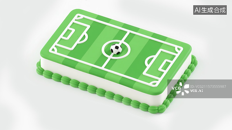 【AI数字艺术】3D足球场蛋糕插图长方形甜点上的绿色球场鸟瞰图白线和球门区创意运动主题生日礼物白色背景图片素材