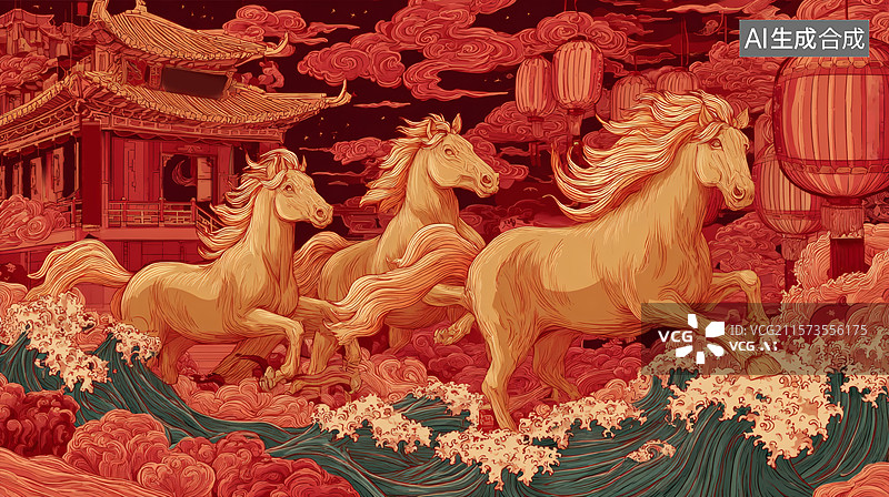 【AI数字艺术】夜幕下奔腾的中国骏马图片素材