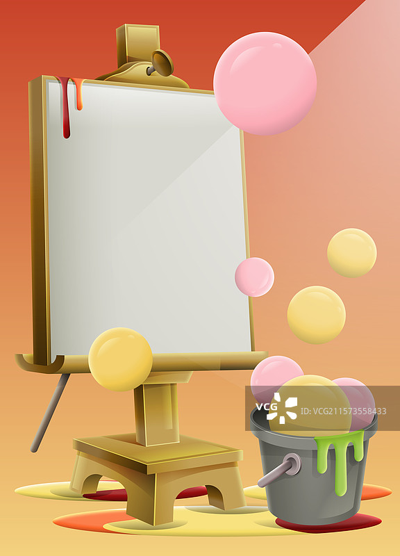 橙黄渐变背景，金色画架，粉黄色气泡，颜料桶，构成艺术卡通绘画工作室场景。图片素材