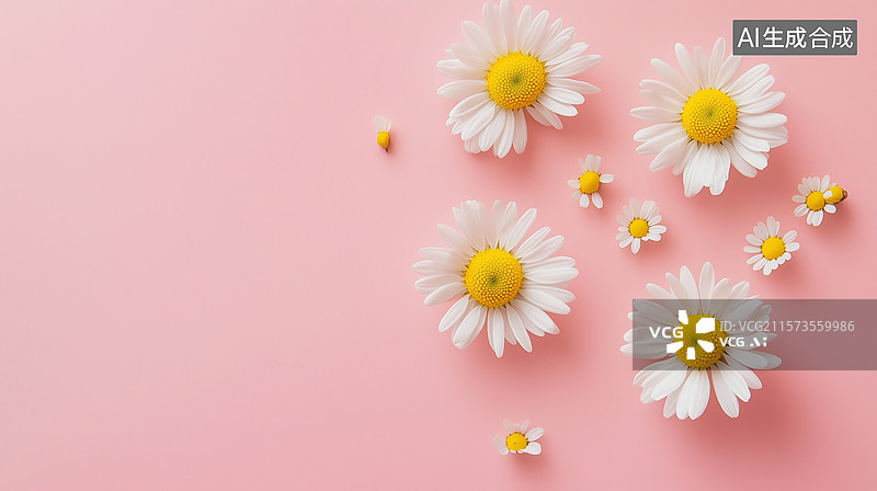 【AI数字艺术】柔和粉背景上的花卉平铺图片素材