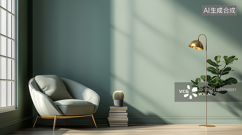 【AI数字艺术】鼠尾草绿墙与舒适家具的惬意组合图片素材
