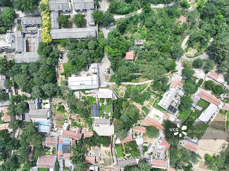 航拍济南朱家峪村夏季自然风光与古柏树图片素材