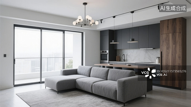 【AI数字艺术】现代简约客厅与开放式厨房设计图片素材