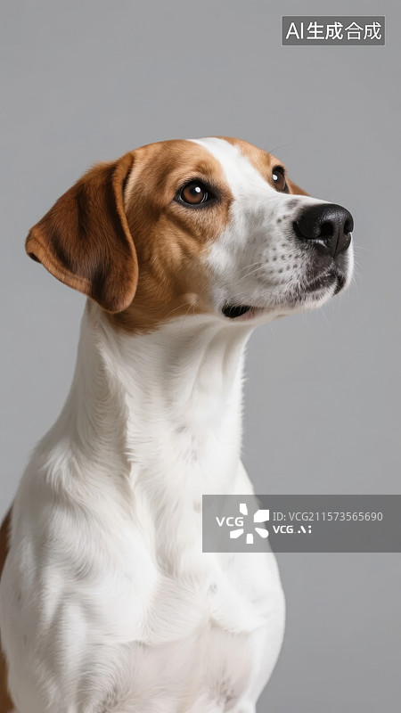 【AI数字艺术】棕色白色狗狗仰头望向一侧图片素材
