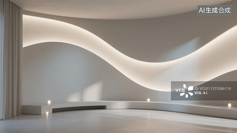 【AI数字艺术】现代室内设计，波浪形灯光装饰墙图片素材