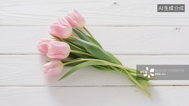 【AI数字艺术】粉色郁金香花束置于白色木板上图片素材