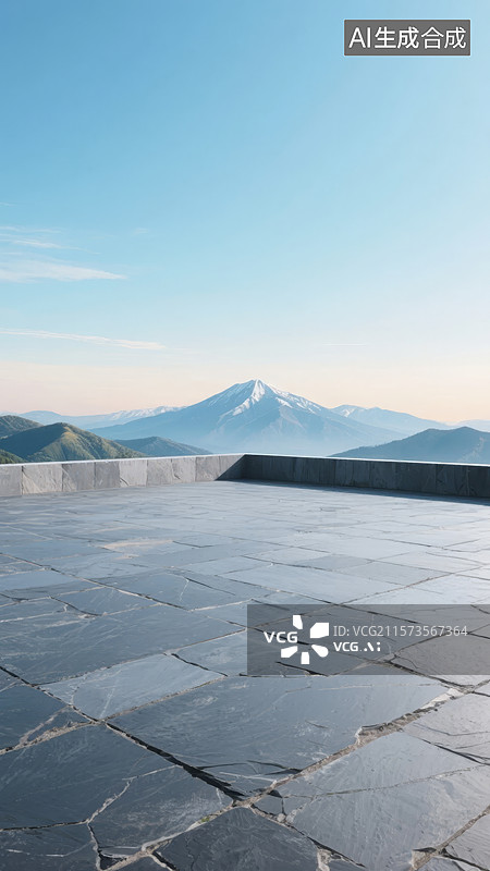 【AI数字艺术】石板地面与远处雪山的宁静景象图片素材